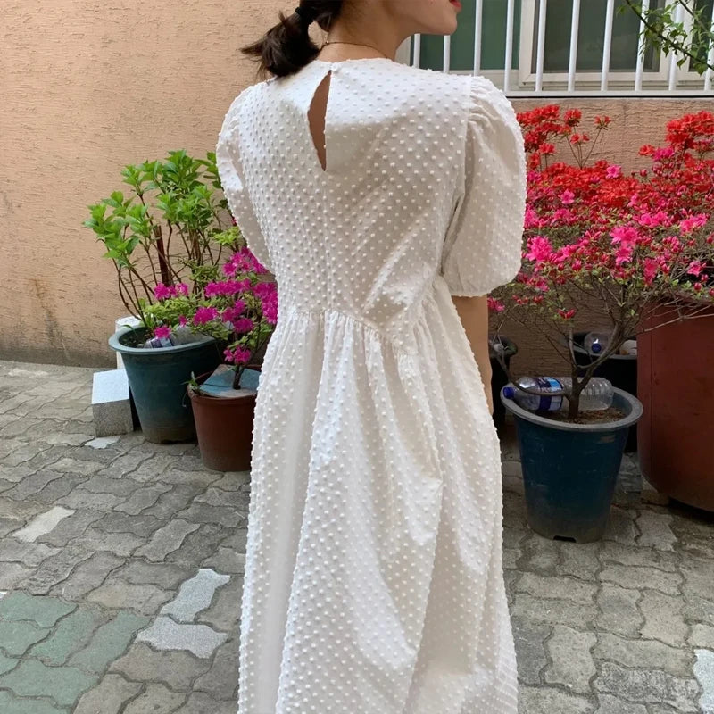 Women's Long Dress Casual Round-neck Puff Short Sleeve Elegant Loose Chiffon Dress