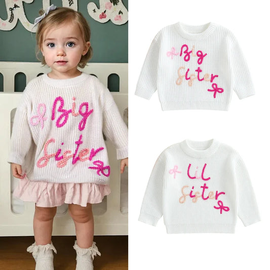 0-3Y Baby Girls Sister Sweater Letter Bowknot Embroidery Crew Neck Long Sleeve Kids Pullovers Casual Top