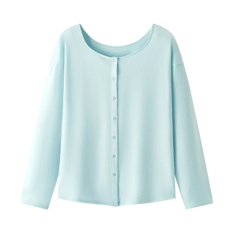 Women's Long Sleeve U-Neck T-Shirt - Minimalist Elegant Cardigan Style Top