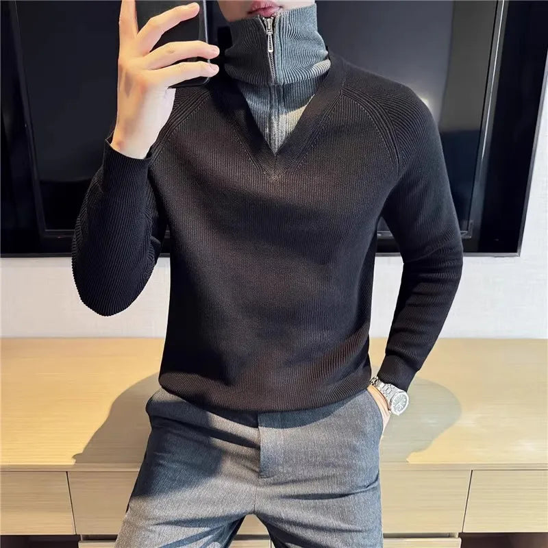 Men's Half Zipper Turn Down Collar Casual Patchwork Knit Pullovers Sweater