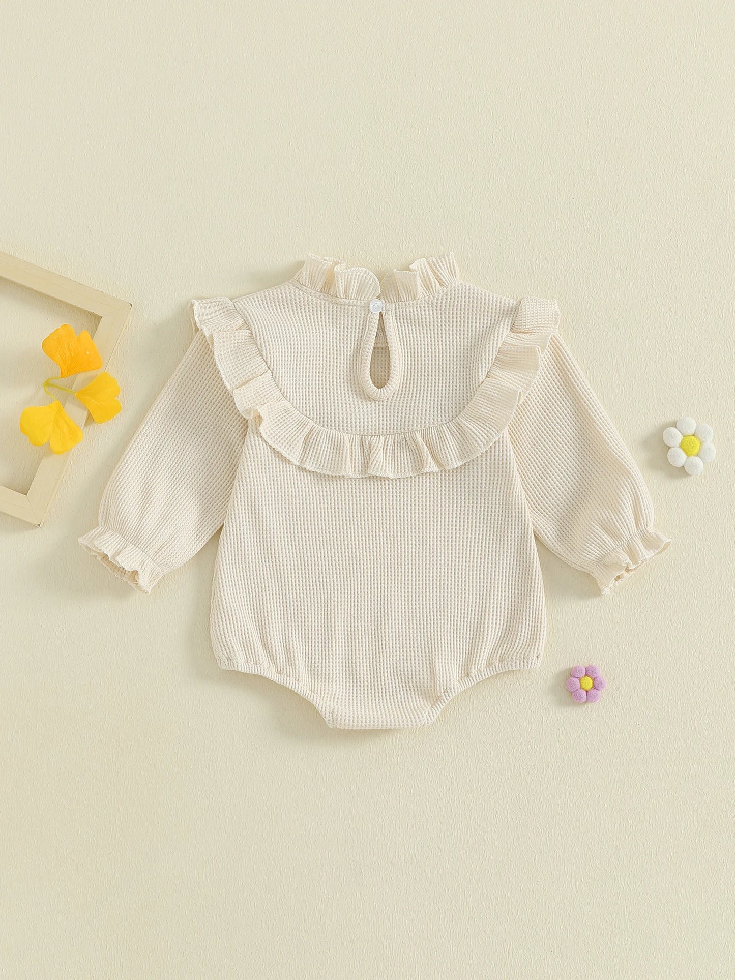 Newborn Baby Girls Waffle Romper - Long Sleeve Mock Neck Ruffled Jumpsuit