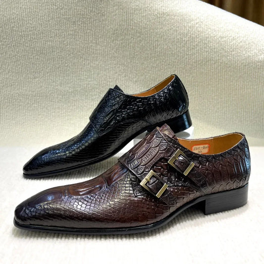 Men's Italian Genuine Leather Formal Oxford Python Crocodile Pattern Button Detailing for Office Party Wedding Shoes