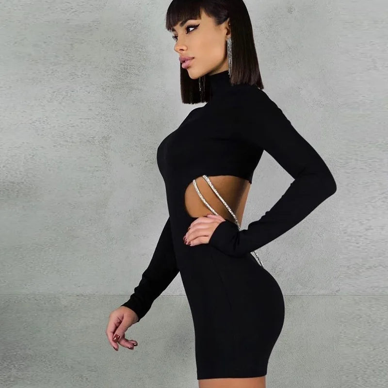 Women's Chain Backless Cut Out Bodycon Dress - Elegant Long Sleeve Mini Dress