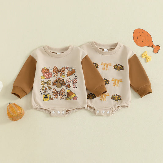 Baby Thanksgiving Romper - Bow Turkey Print Long Sleeve Bodysuit
