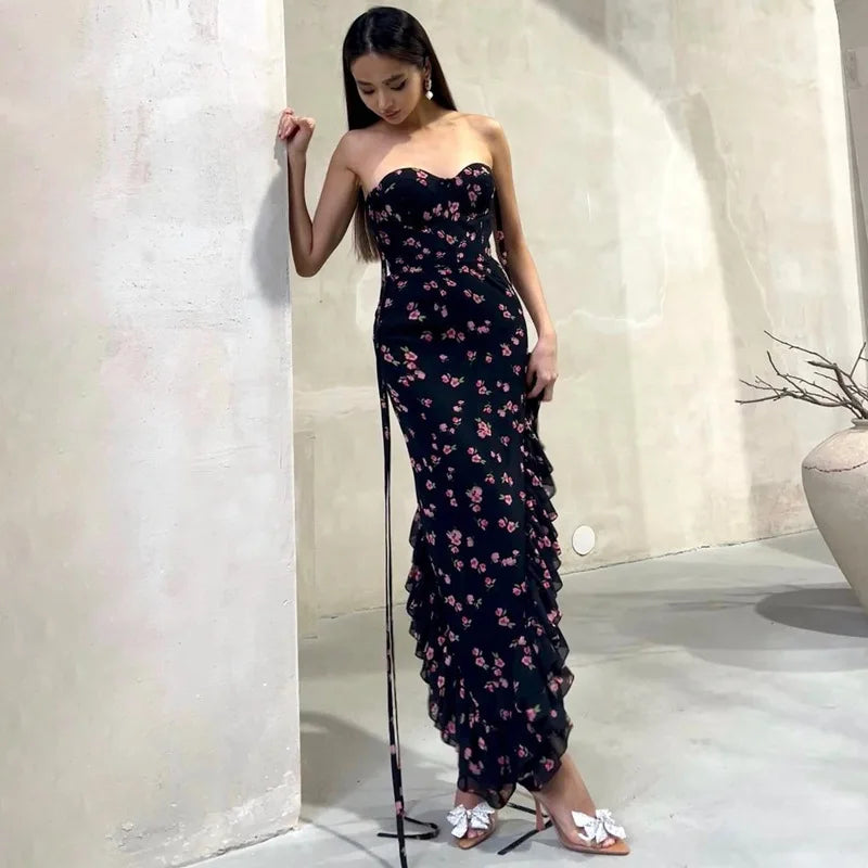 Women's Floral Slit Spaghetti Strap Ruffle Long Dress