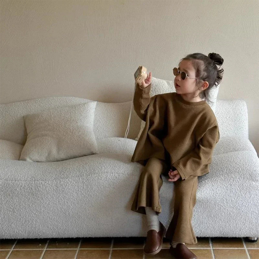 Children's Set Girls' Solid Loose Round Neck Cape Top Flare Pants 2 Piece Set