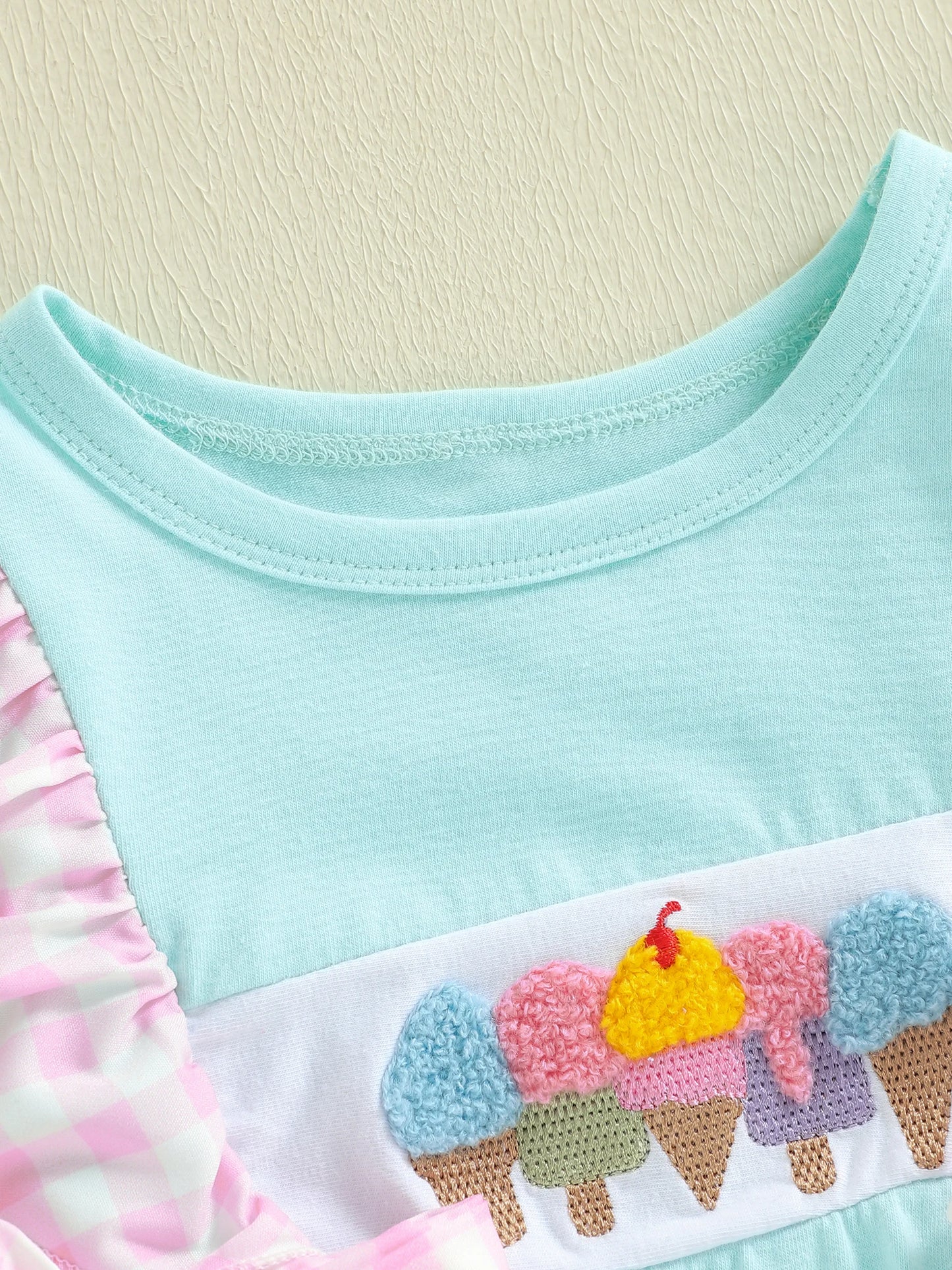 Baby Summer Romper - Plaid Flutter Sleeve Ice Cream Embroidery Jumpsuit