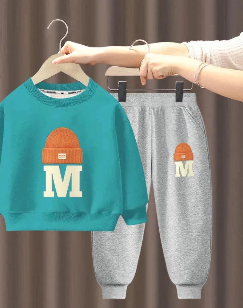 Children's Plush Letter Sweater Long sleeved Pants Two Piece Set