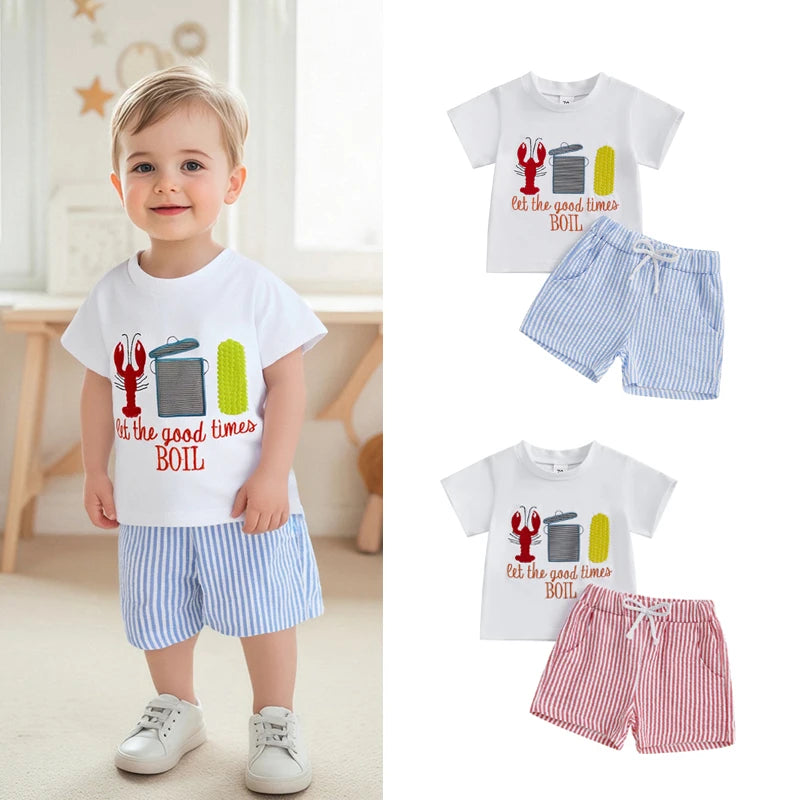 0-7Y Casual Kids Boys Summer Clothes Sets 2pcs Short Sleeve O Neck Lobster Letter Print T Shirts and Striped Shorts