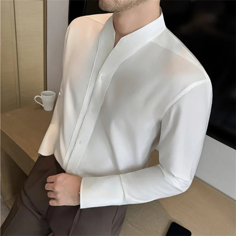 Men's Collarless French Shirt - Long Sleeve Solid Colour Casual Business Blouse for Spring Autumn
