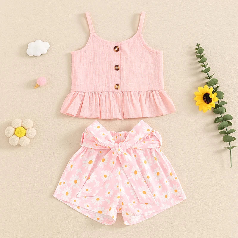 0-4Y Girls Summer Clothes Sets - Sleeveless Button Up Camisole Vest, Sunflowers Print Shorts Sets