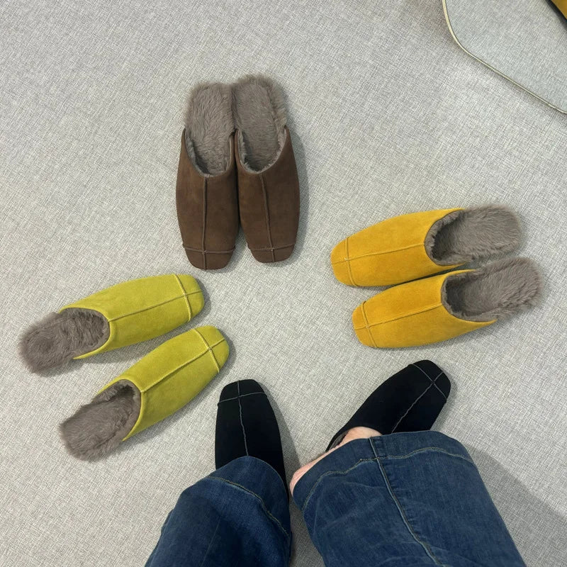 Women's Suede Square Toe Flat Slippers