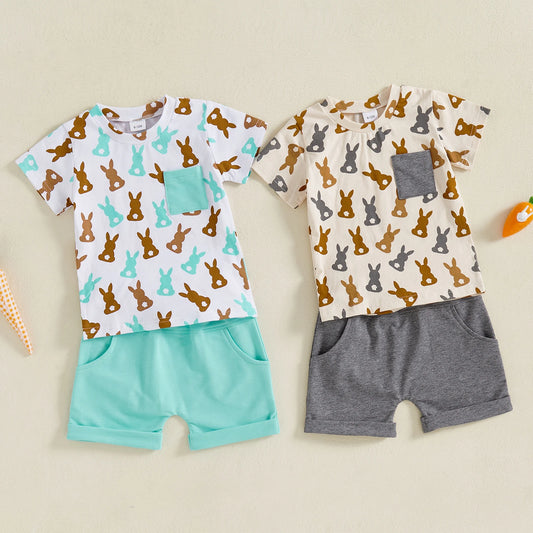 Toddler Baby Boys' Easter Outfit Set - Rabbit Print Short Sleeve T-Shirt & Shorts with Pockets 2pcs