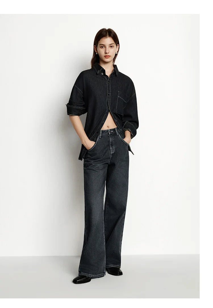 Wide Leg Fleece Lined High Waist Jeans - Women's Floor-Length Winter Denim