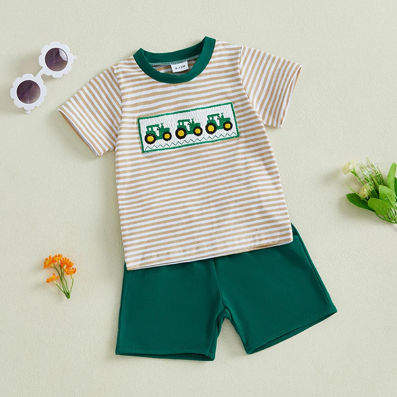 Toddler Baby Boys Farm Clothes Set - Tractor Embroidery T-shirt & Shorts 2pcs