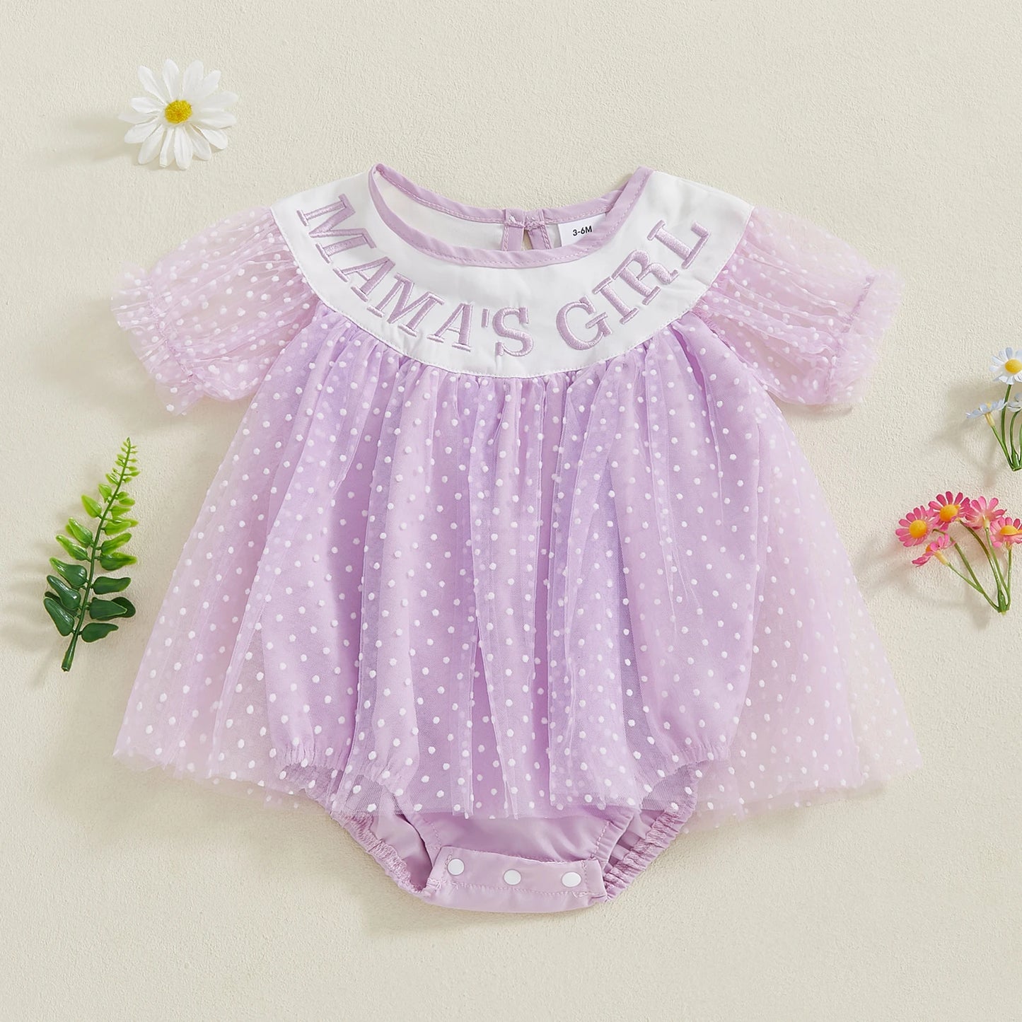 Baby Girls Birthday Romper Dress - Short Sleeve Dots Letters Embroidery Tulle Jumpsuit