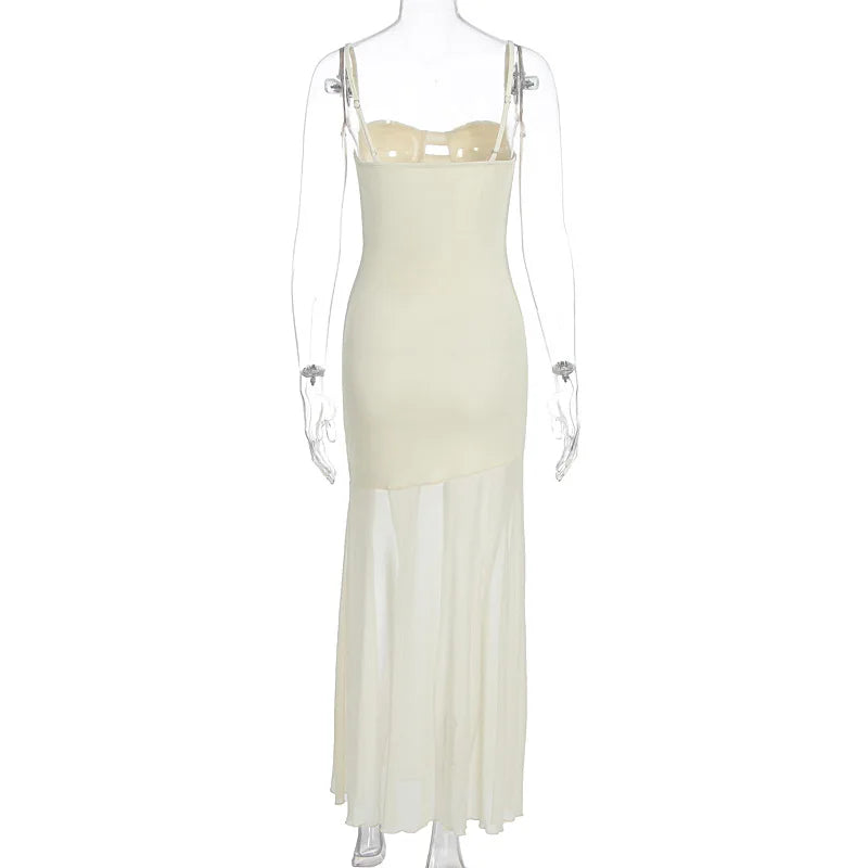 Women's Sleeveless Split Maxi Dress - Draped Backless Mesh Slip Dress