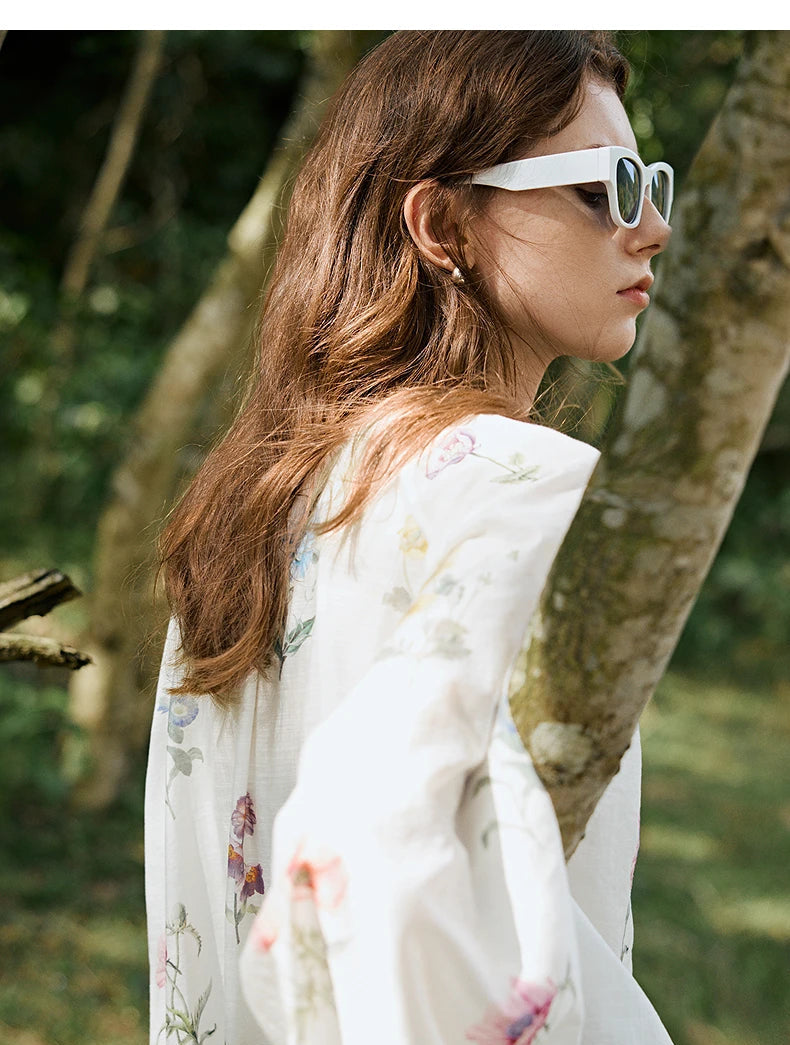 Women's Linen Blend Floral Print Blouse | Lantern Sleeves | O-Neck | Loose Fit | White | Spring Summer