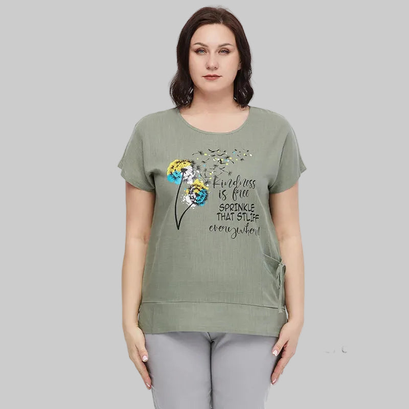 Women's Oversized Cotton Linen Floral Print T-Shirt – Short Sleeve