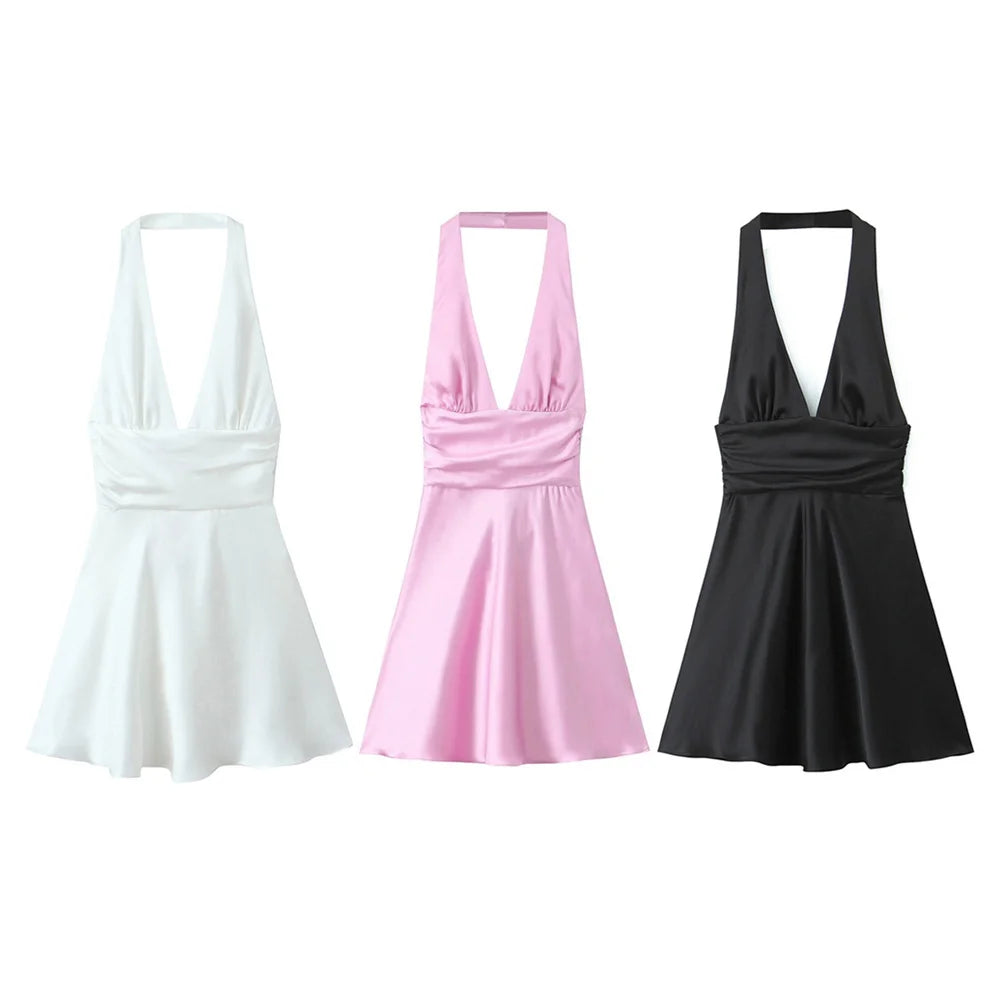 Women's Casual Temperament Solid Colour Satin Suspender Dress