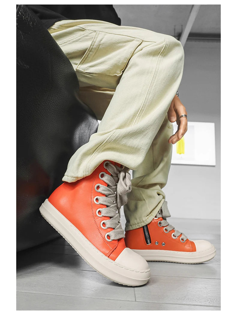 Men's High-Top Leather Sneakers - Lace-Up Zipper Ankle Boots