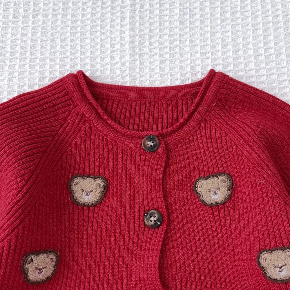 Christmas Red Teddy Bear Knitted Sweater and Pants Set - Girls Winter Outfit