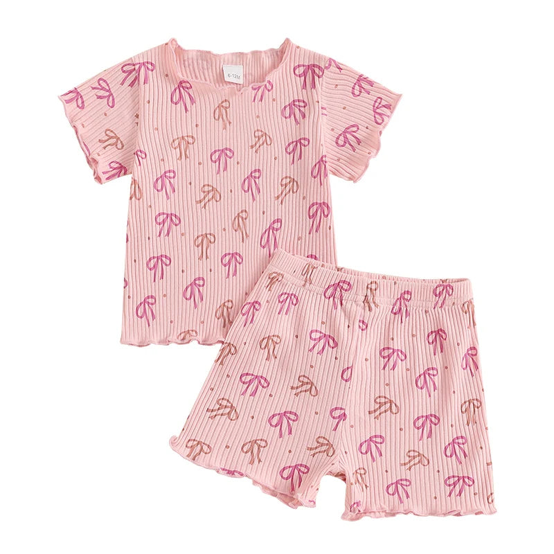 1-5Y Kids Girls Clothes Sets Bow Print Lettuce Trim Short Sleeve T-shirt Elastic Waist Shorts