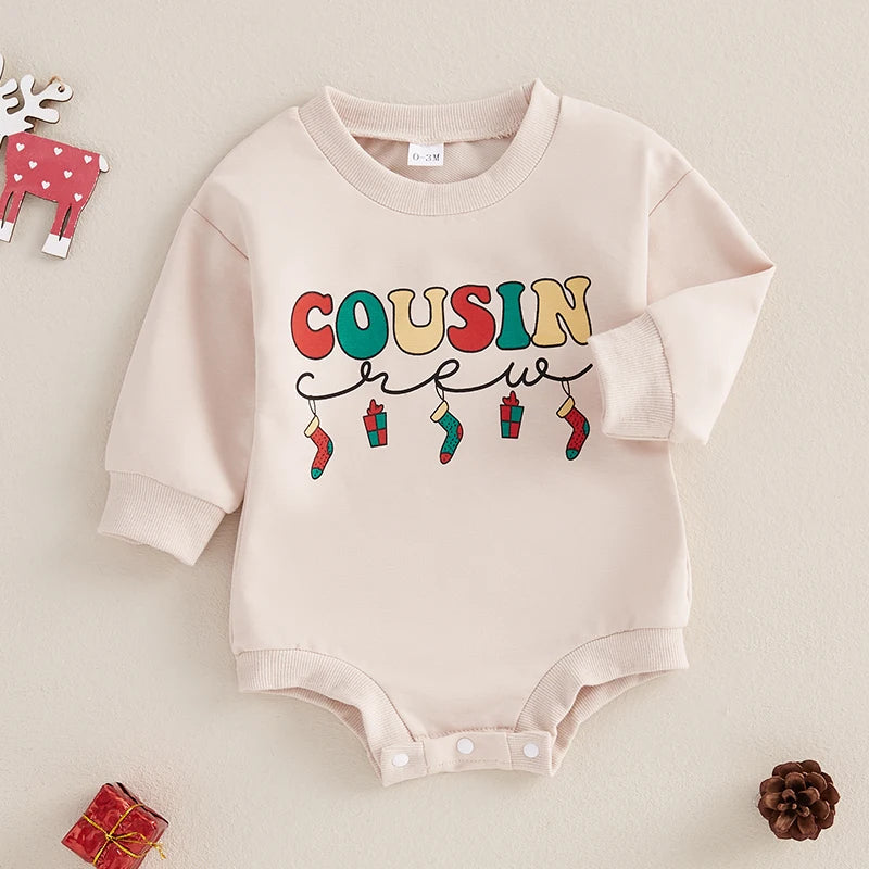 0-18M Baby Boys Girls Christmas Romper Letter Print Crew Neck Long Sleeve Sweatshirt Jumpsuit