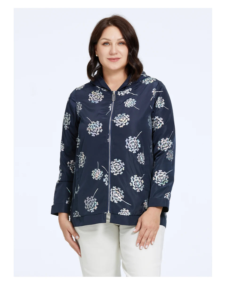 Women's Oversized Hooded Flower Print Zip Windbreaker Jacket