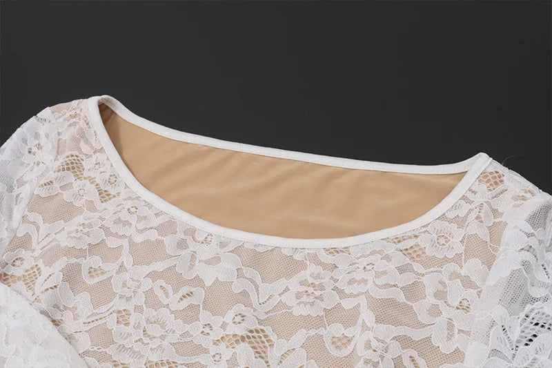 Women's Embellished Lace Hollow Out Mini Dress - Flare Sleeve See Through Wrap