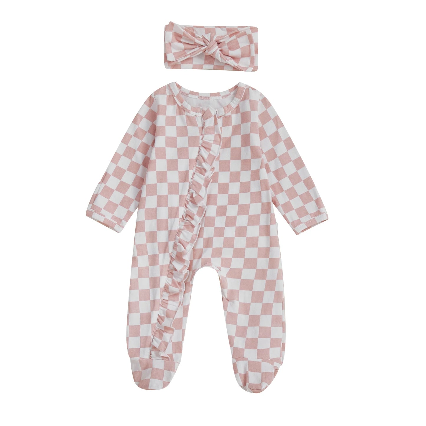 Newborn Baby Footie Set with Headband - Checkerboard Ruffled Zip Front Jumpsuit