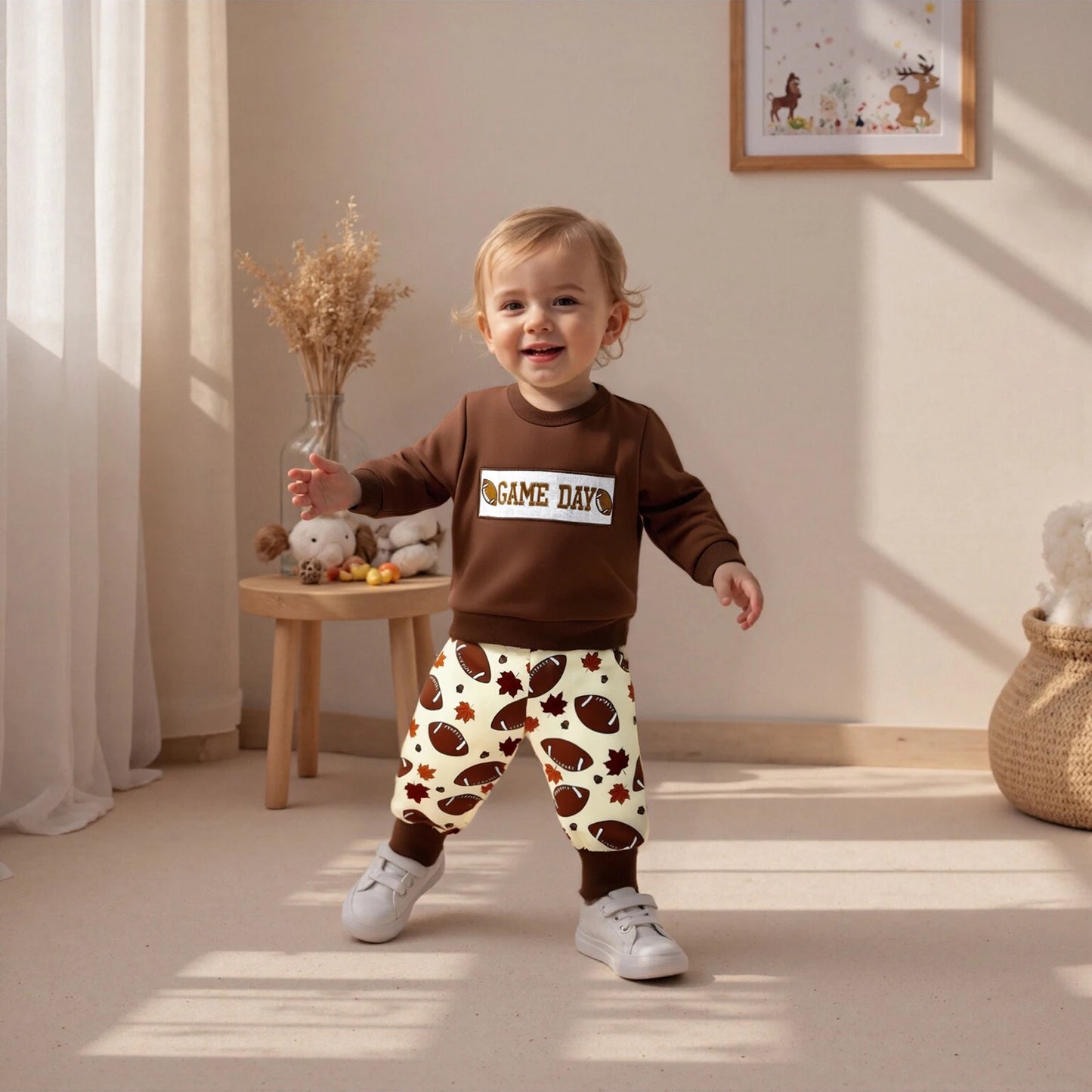 Baby Boys Thanksgiving Football Outfit Set - Rugby Long Sleeve Sweatshirt & Leaf Pants (0-3Y)