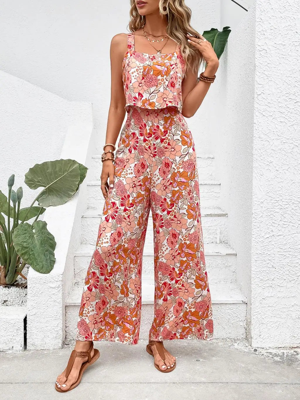 Women Elegant Long Jumpsuit - Backless Wide Leg Jumpsuits Casual Sleeveless Floral Summer Jumpsuit