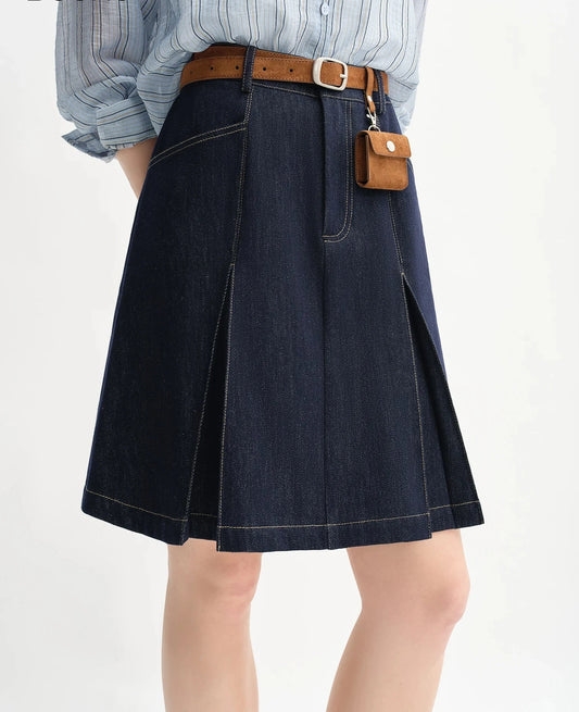 High Waist A-Line Denim Skirt - Contrast Colour Retro Style
