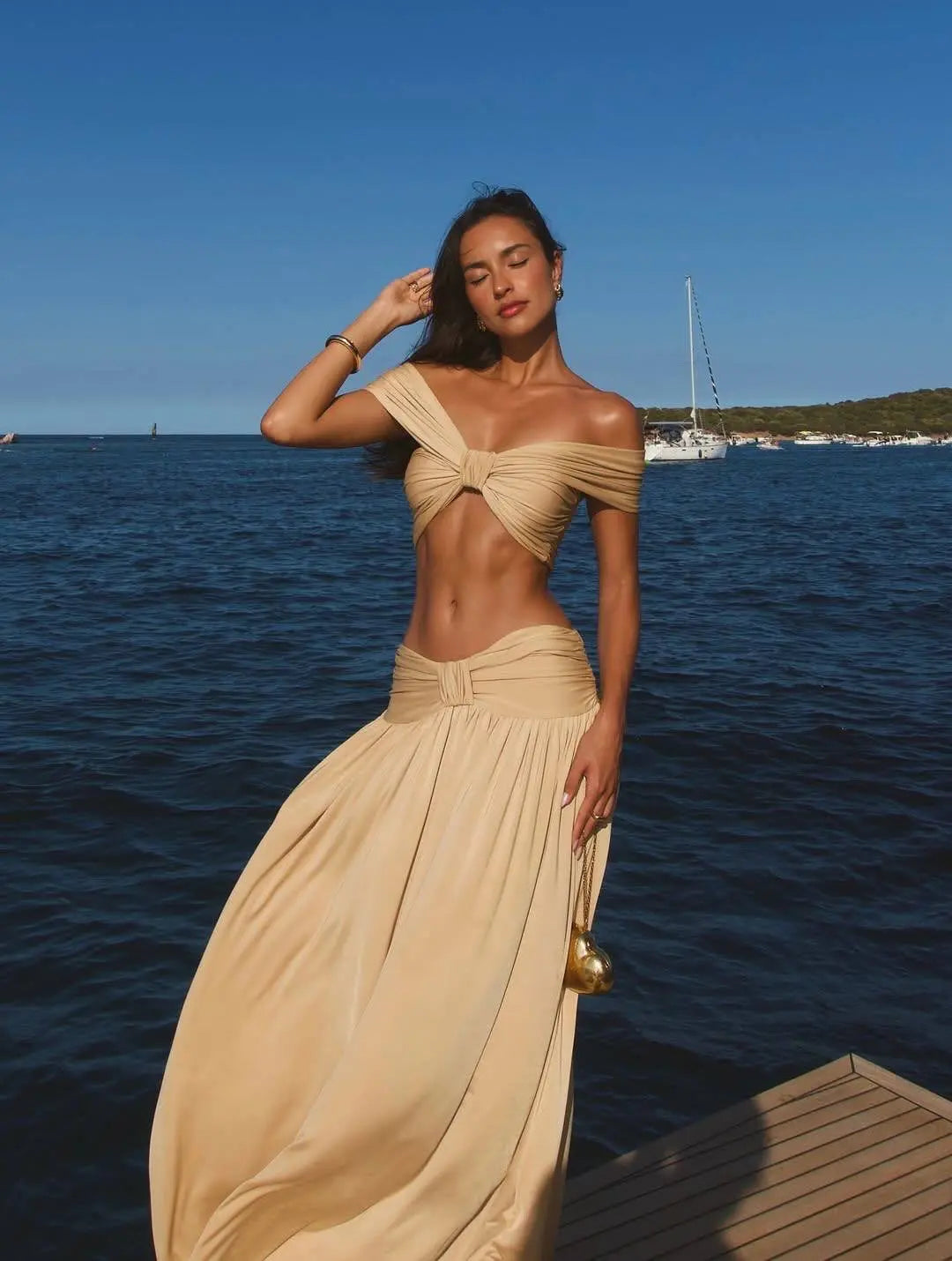 Women's Two Piece Off-Shoulder Halter Set - High Waist A-Line Ruched Skirt
