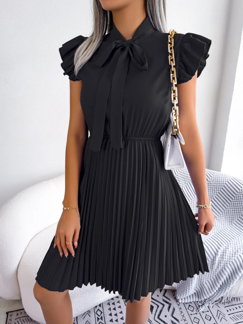 Women's Spring Summer Elegant Lace Up High Waist Large Fold Bow Collar Pleated Dress