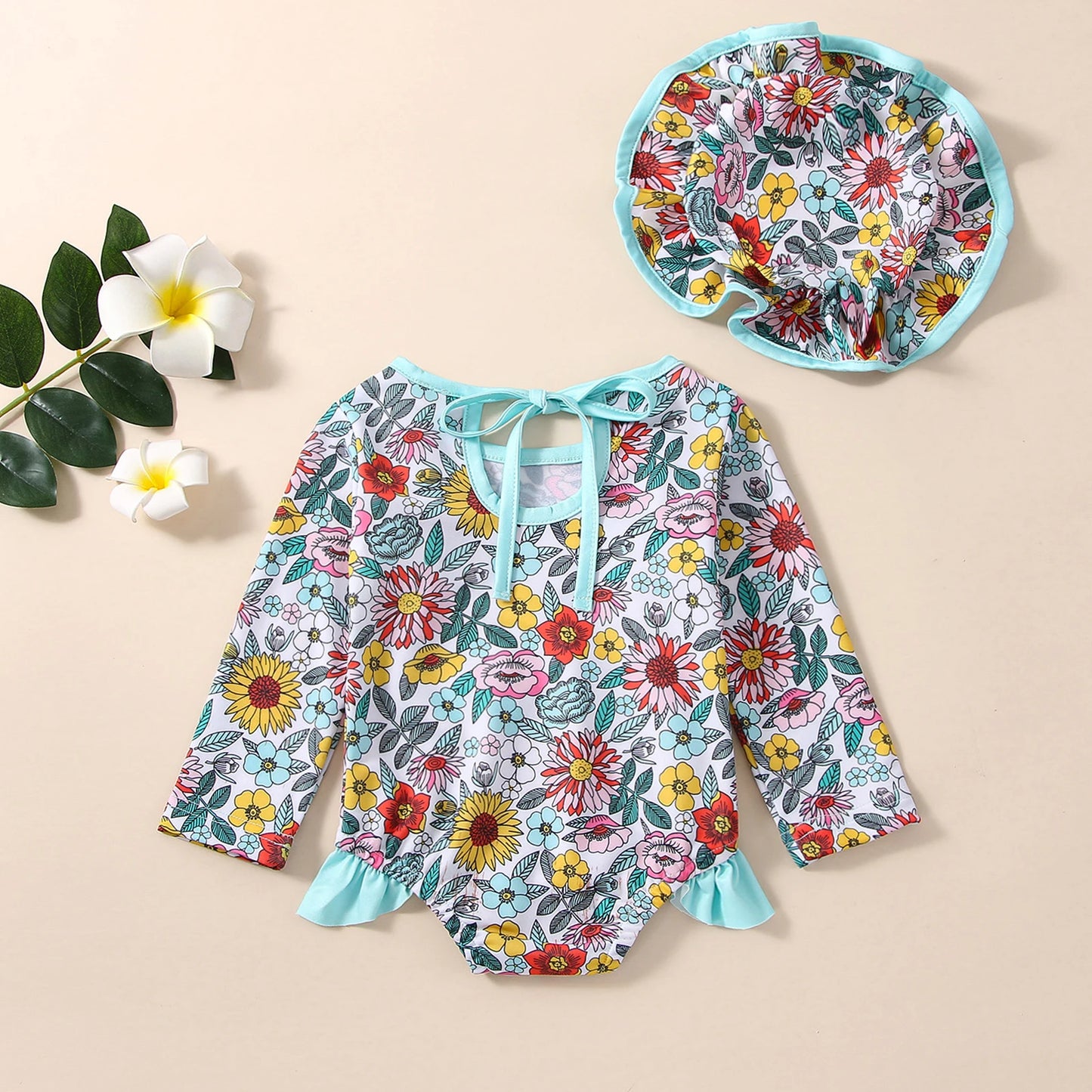 1-5Y Kids Girls Swimsuit 2pcs Floral Print Tie-Up Hollow-Out Long Sleeve Swimsuit with Swim Cap