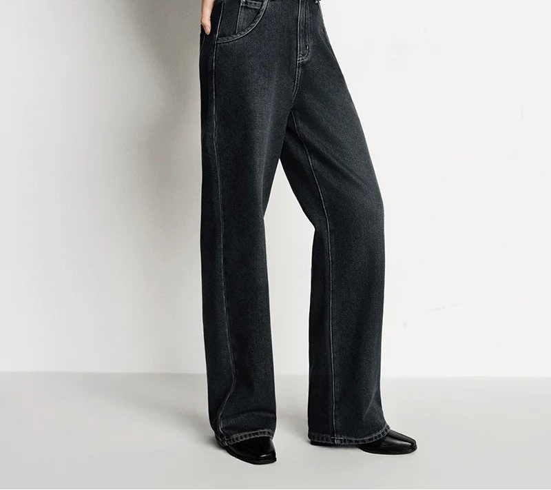 Wide Leg Fleece Lined High Waist Jeans - Women's Floor-Length Winter Denim