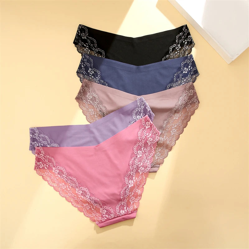 Women's 2Pcs Seamless Stretch Underwear Lace Floral Panties Recycled Materials Breathable Briefs Low Waist Comfort Lingerie