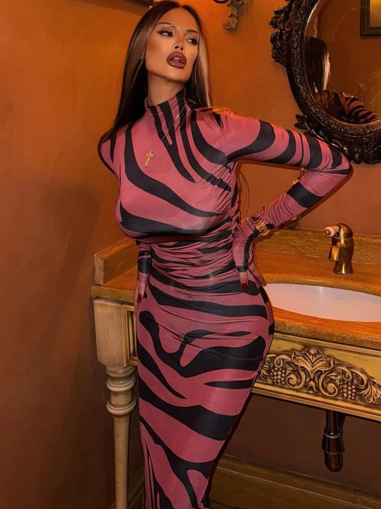 Women's Leopard Print Maxi Long Sleeve Gown Dress