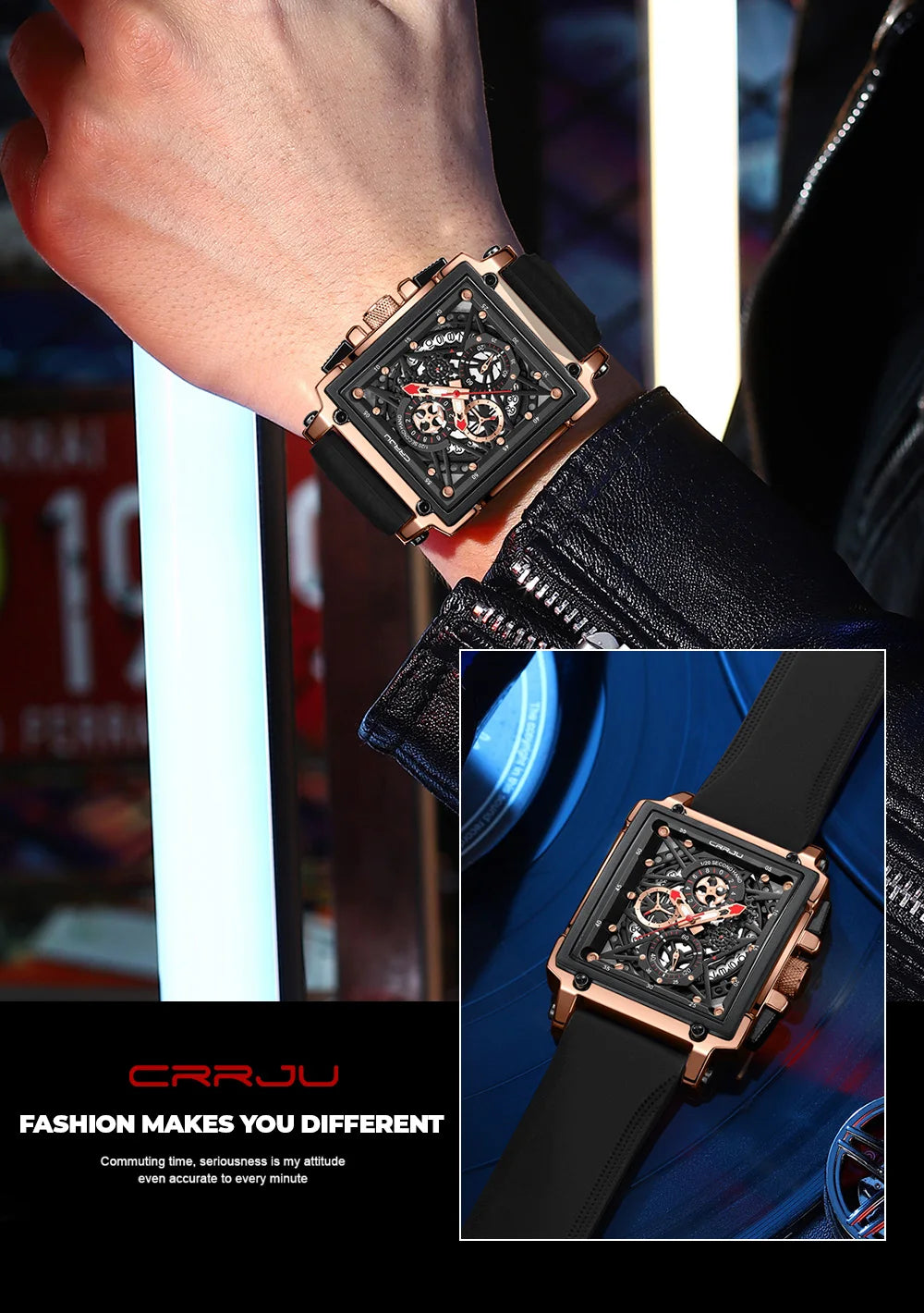 Men's Sports Watch - Large Dial Rectangular Design with Chronograph & Auto Date