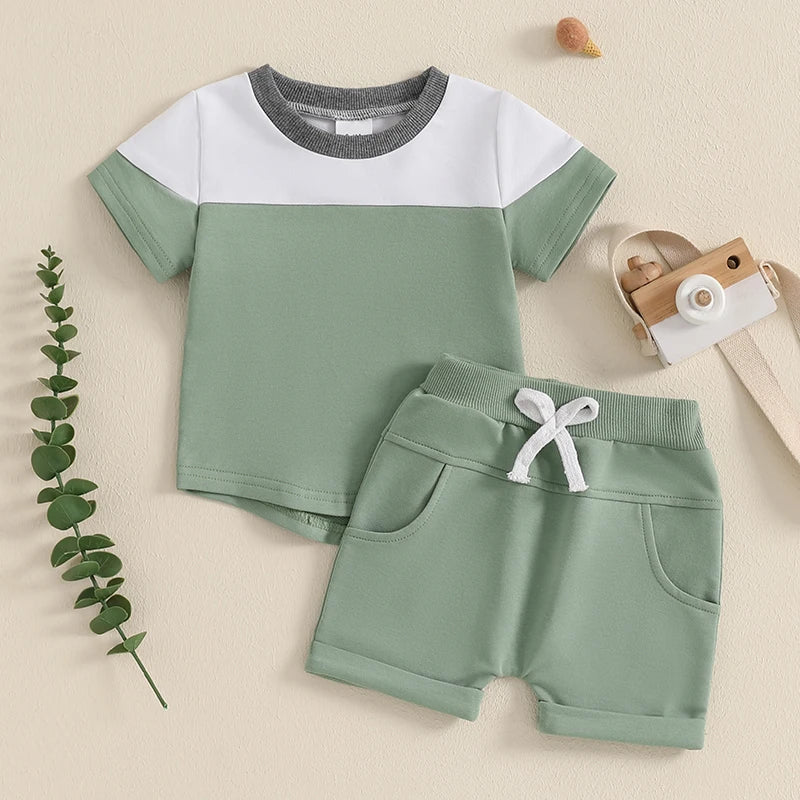 0-3Y Toddler Baby Boys Casual Clothes Set Contrast Colour Round Neck Short Sleeve Tops Pockets Shorts