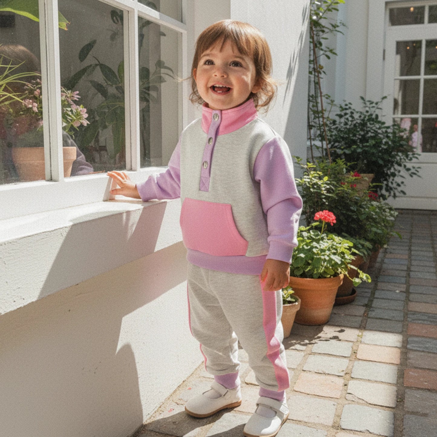 Toddler Kids Boys Girls Colour Patchwork Long Sleeve Stand Collar Pullover and Pants Set