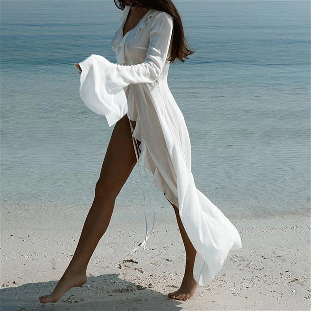 V Neck Ruffled Long Sleeve Chiffon Beach Cover Up Dress