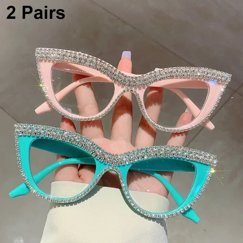 Women's 2 Pairs Per Set Cat Eye Glasses with Rhinestones Optical Frames Trendy Chic Casual Decor Eyeglasses