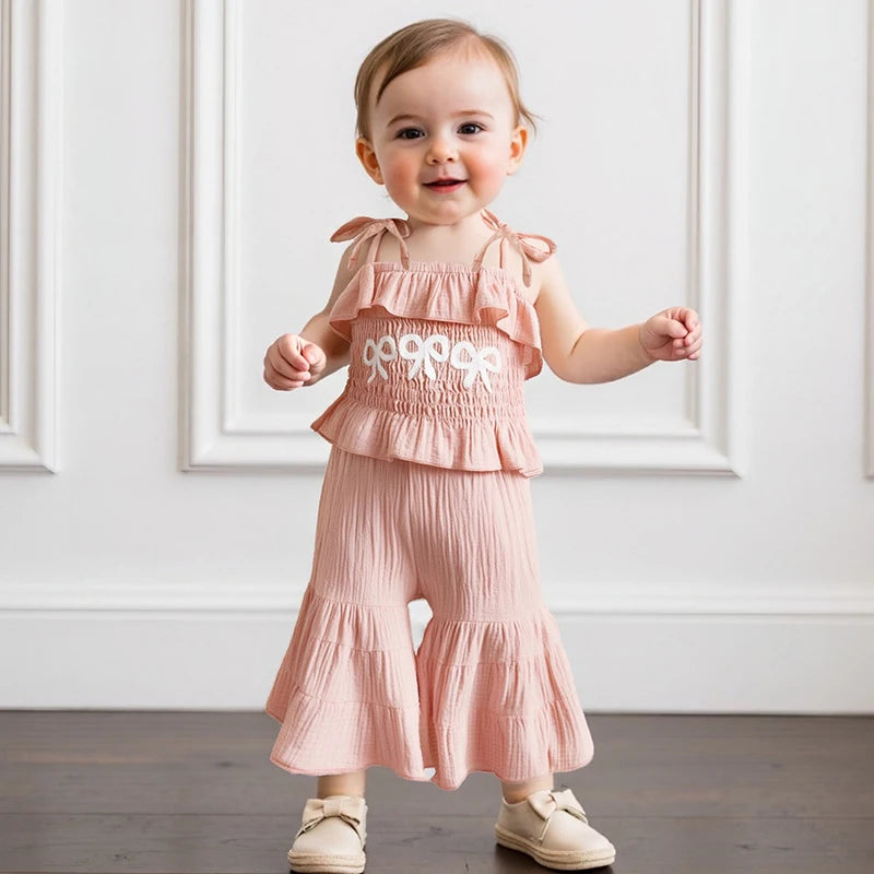 0-6Y Kids Girls Summer Clothes Set Bow Embroidery Tie-Strap Tank Top with Solid Color Flare Pants