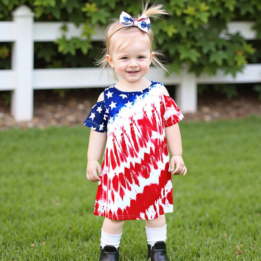 1-8Y  Kids Girls USA Flag Star Tie-Dye Print Short Sleeve Casual Summer Dress