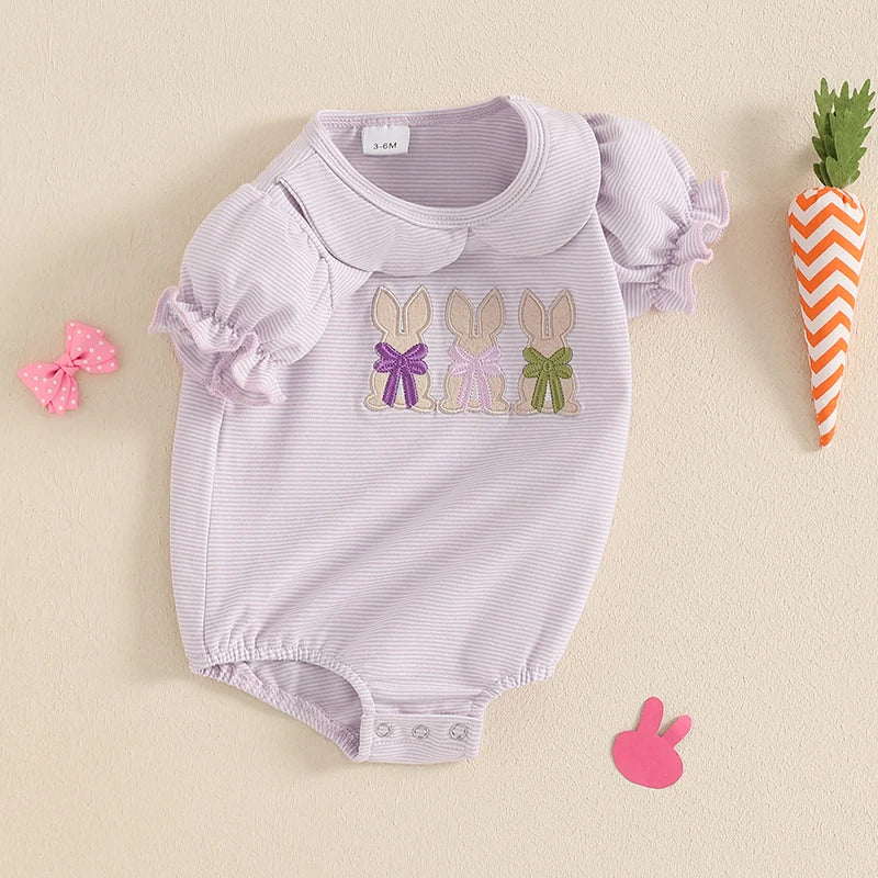 Baby Girls Easter Romper with Rabbit Embroidery - Peter Pan Collar Jumpsuit (0-18M)