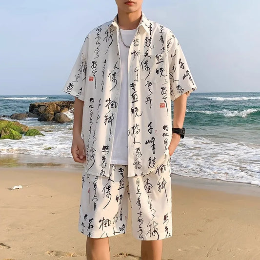Men's Summer Print Chinese Style Short Sleeve Sports Casual  Shirt and Shorts