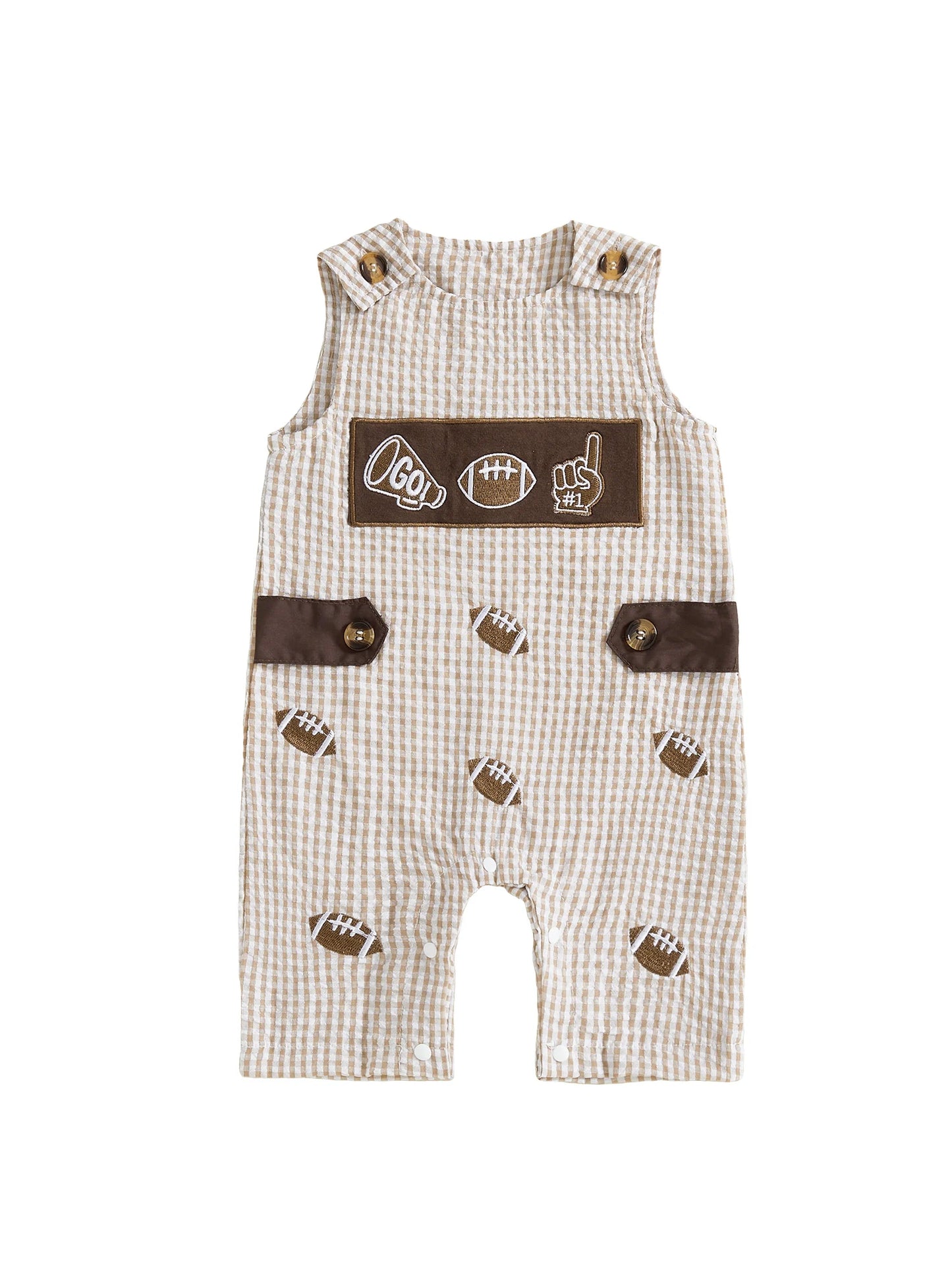 Baby Plaid Romper Overalls - Sleeveless Football Embroidery Jumpsuit (0-18M)